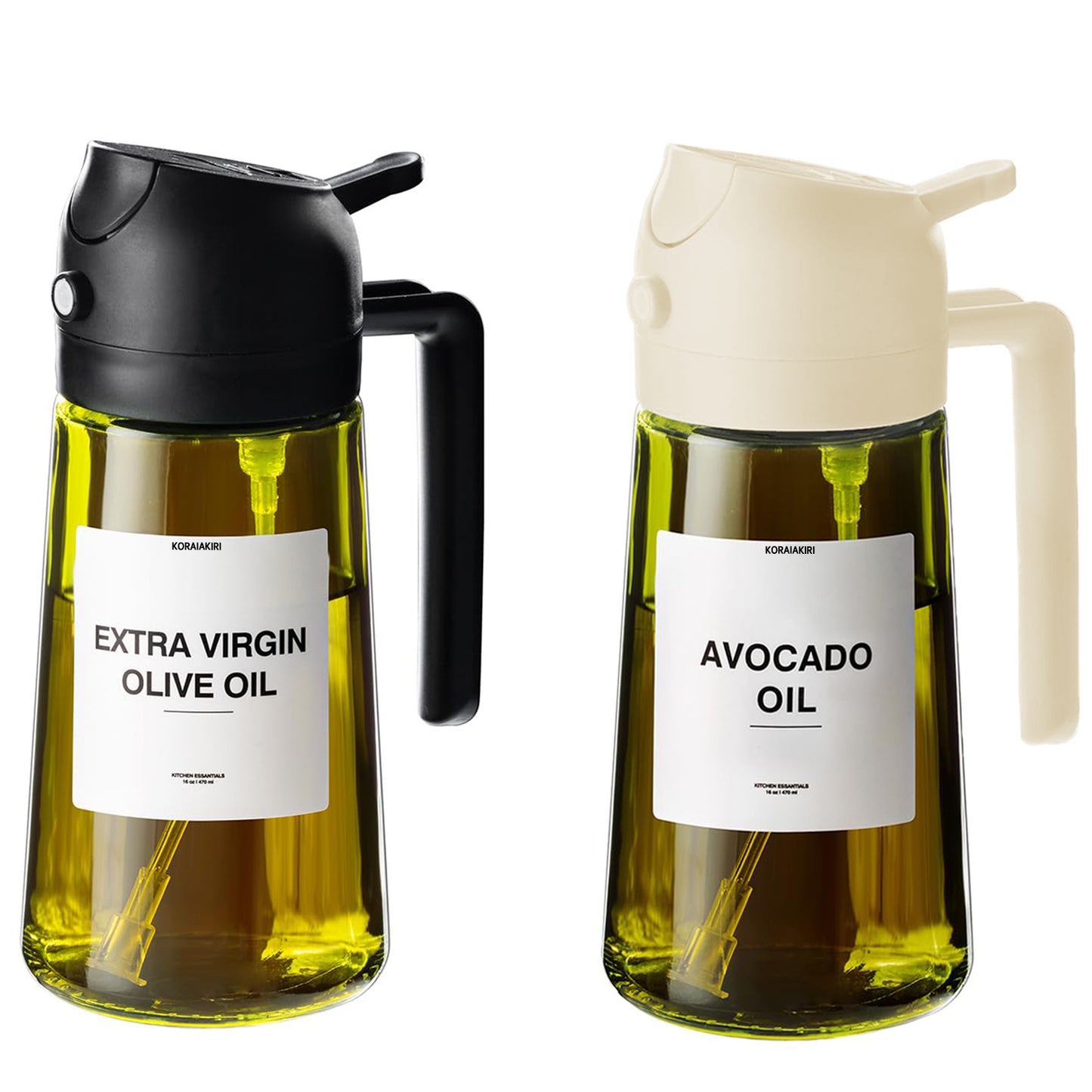 KORALAKIRI Oil Dispenser, 2 in 1 Oil Sprayer for Cooking, 16oz/470ml Glass Food-grade Olive Oil Spray Bottle Mister with Pourer for Kitchen, Salad, Frying, BBQ (Black & White)