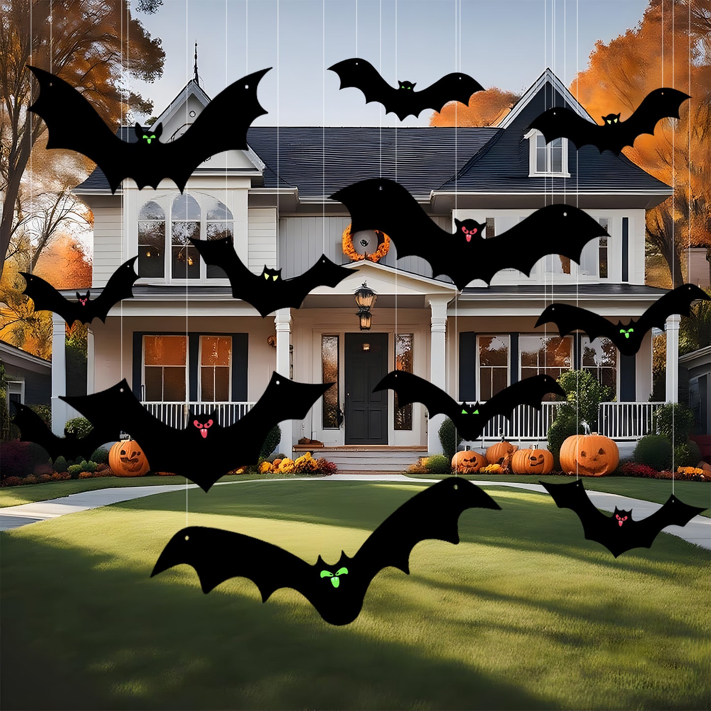 KORALAKIRI 16 Pcs Halloween Hanging Bats Decorations Outdoor, Waterproof Black Bat with Glowing Eyes for Front Door Yard Tree Halloween Hanging Decorations Outside