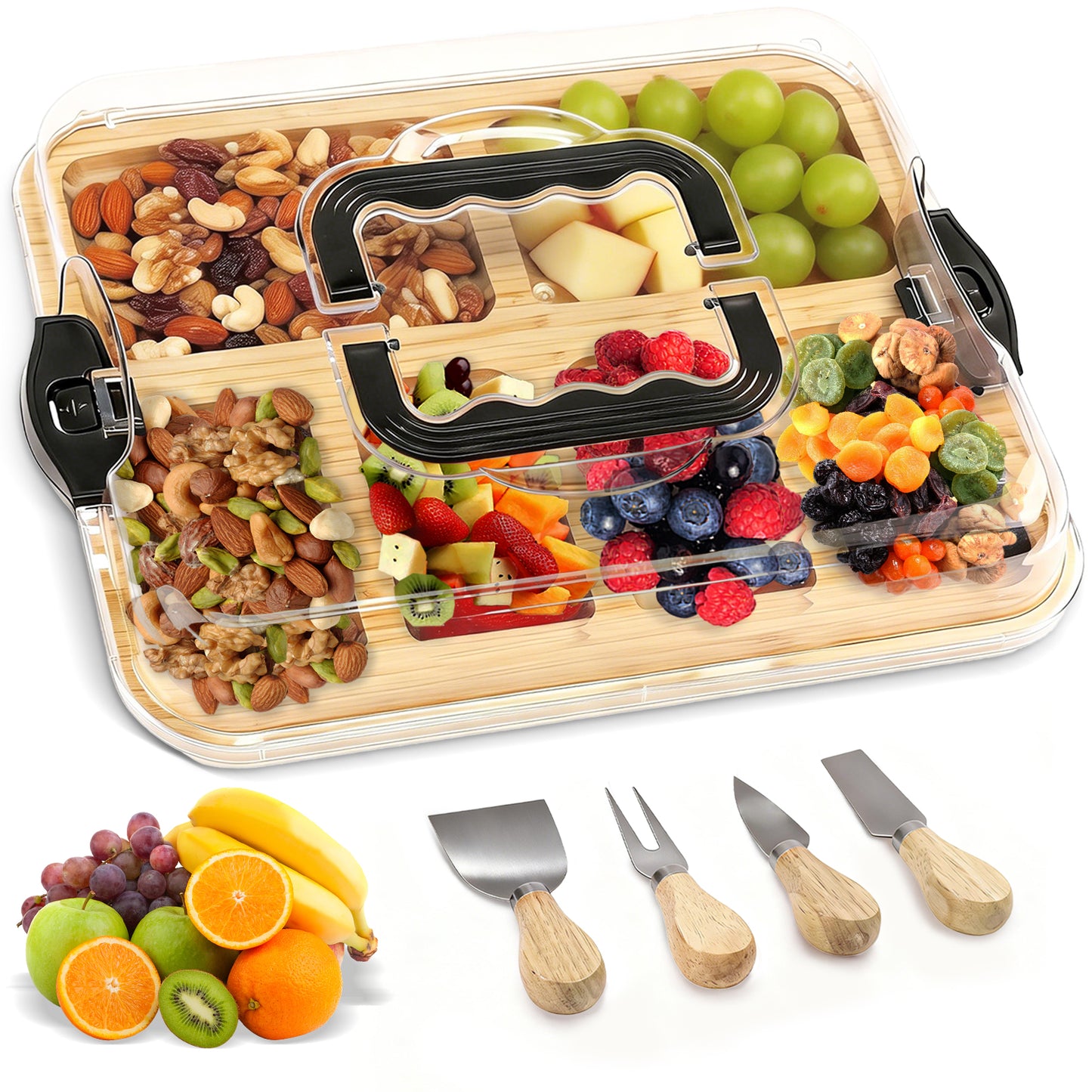 KORALAKIRI Charcuterie Board with Lid,11x14 Inch Large Bamboo Cheese Board Set with Handles,Reversible Serving Board for Cheese, Meats, Snacks and More