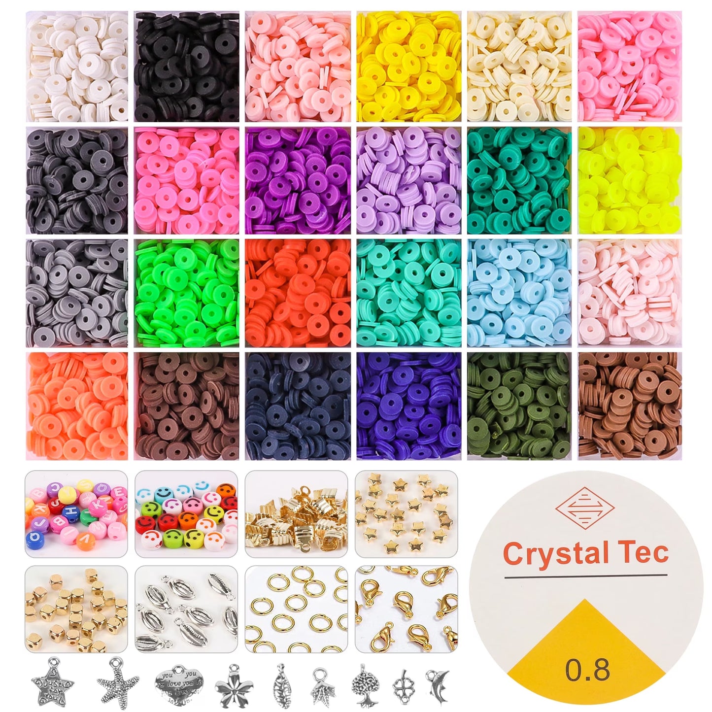 West Bay 24 Colors Clay Beads for Bracelet Making Kit for Girls 8-12, Flat Polymer Heishi Beads Set, Letter Beads for Girls Jewelry Making Crafts