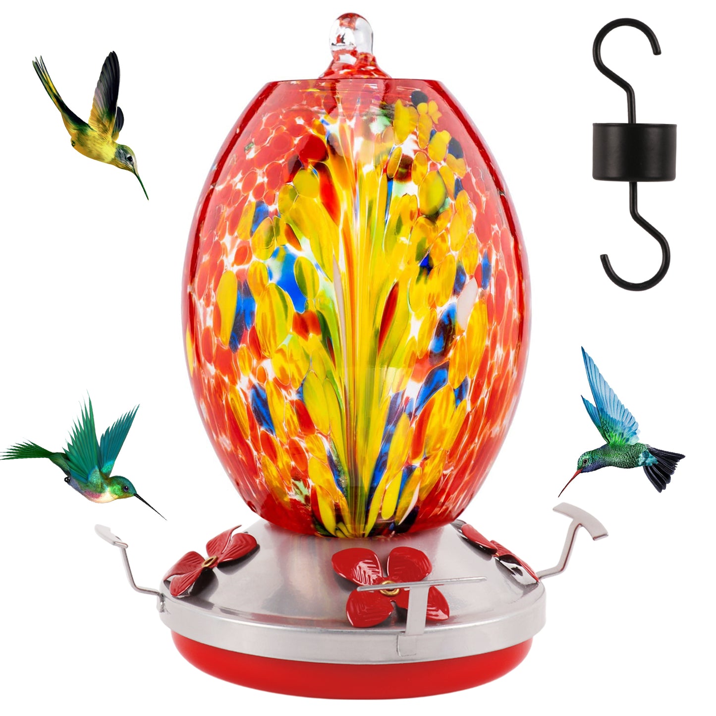 KORALAKIRI Glass Humming Bird Feeders for Outdoors, 27OZ Hand Blown Glass Hummingbird Feeder - Unique Gift for Mom Women Grandparents, Outdoors Hanging Garden Decor, Includes Ant Moat & Brush, 1 Pack