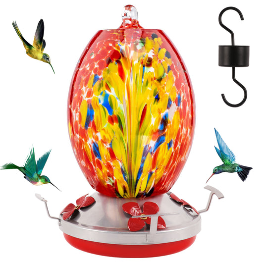 KORALAKIRI Glass Humming Bird Feeders for Outdoors, 27OZ Hand Blown Glass Hummingbird Feeder - Unique Gift for Mom Women Grandparents, Outdoors Hanging Garden Decor, Includes Ant Moat & Brush, 1 Pack