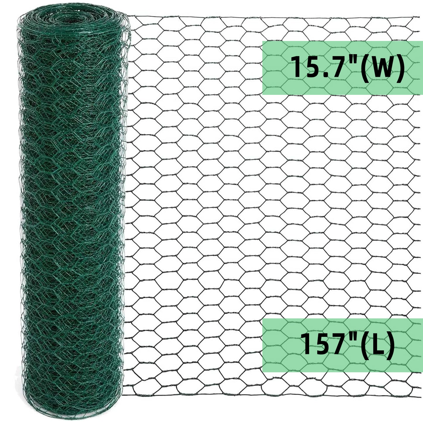 KORALAKIRI Floral Chicken Wire for Crafts, 15.7 x 157 Inch Green Mesh, PVC Coated Metal Netting Fence for Crafts, Poultry, Garden