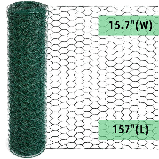 KORALAKIRI Floral Chicken Wire for Crafts, 15.7 x 157 Inch Green Mesh, PVC Coated Metal Netting Fence for Crafts, Poultry, Garden