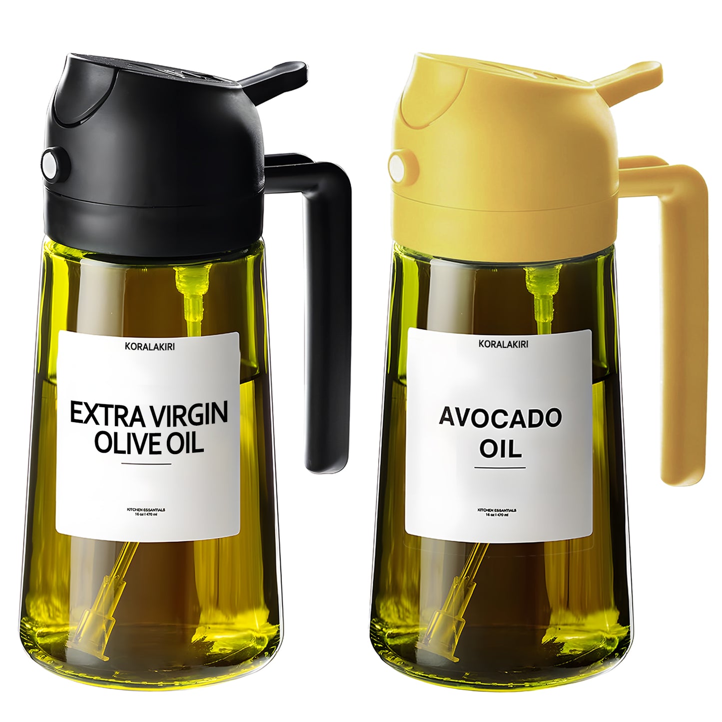 KORALAKIRI 2 in 1 Oil Sprayer for Cooking, 16oz/470ml Glass Food-grade Olive Oil Spray Bottle Dispenser Mister Spritzer with Pourer for Kitchen, Salad, Frying, BBQ (Black & Orange)