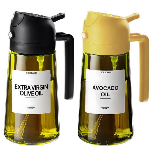 KORALAKIRI 2 in 1 Oil Sprayer for Cooking, 16oz/470ml Glass Food-grade Olive Oil Spray Bottle Dispenser Mister Spritzer with Pourer for Kitchen, Salad, Frying, BBQ (Black & Orange)