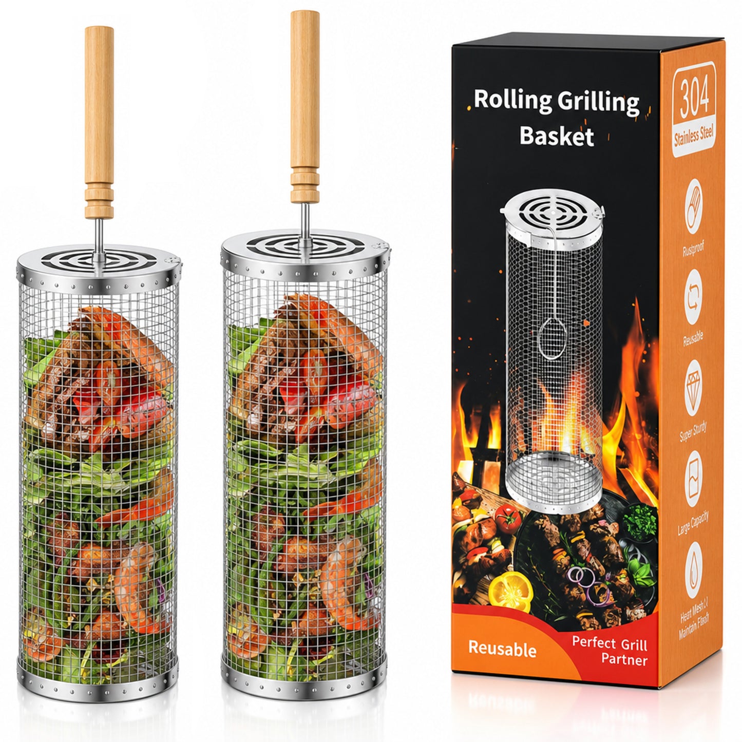 KORALAKIRI 2Pcs Rolling Grill Baskets with Removable Wooden Handle, Grilling Accessories, BBQ Net Tube Baskets for Veggies, Shrimp, Meat, Father' Day Gifts for Men Dad Husband