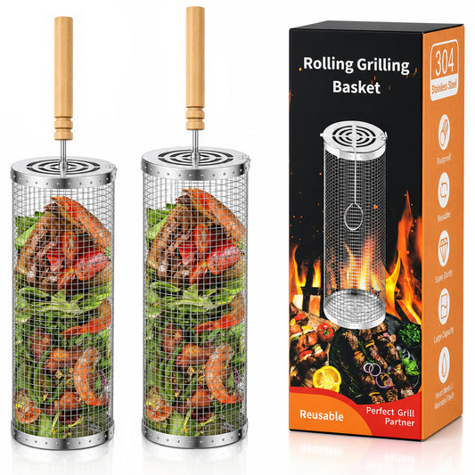 KORALAKIRI 2Pcs Rolling Grill Baskets with Removable Wooden Handle, Grilling Accessories, BBQ Net Tube Baskets for Veggies, Shrimp, Meat, Father' Day Gifts for Men Dad Husband