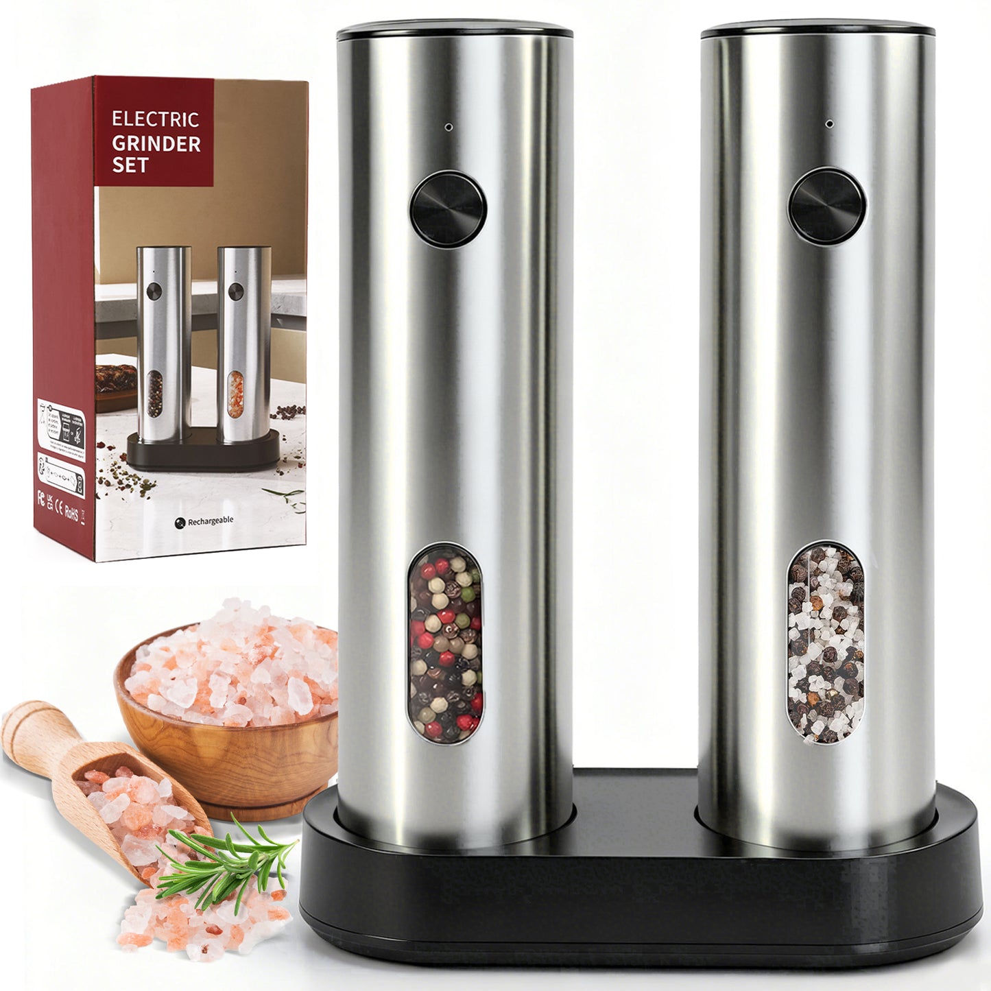 KORALAKIRI Electric Salt and Pepper Shakers Grinder Set with Rechargeable Base, Refillable Automatic Pepper Mill with LED Light & Adjustable Coarseness for Kitchen, Outdoor, BBQ & Gift Giving