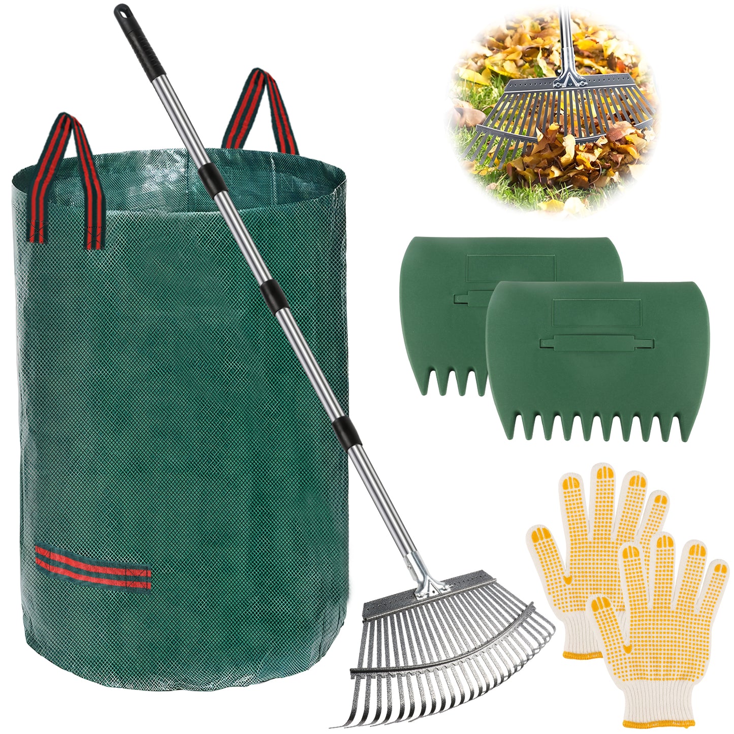 West Bay 56" Rake for Leaves, 25 Tines Heavy Duty Adjustable Metal Rake Set with Leaf Scoops & Collector Bag, 3-in-1 Leaf Collection Tool for Lawns,Grass, Shrubs, Flower Beds