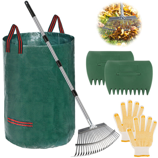 West Bay 56" Rake for Leaves, 25 Tines Heavy Duty Adjustable Metal Rake Set with Leaf Scoops & Collector Bag, 3-in-1 Leaf Collection Tool for Lawns,Grass, Shrubs, Flower Beds