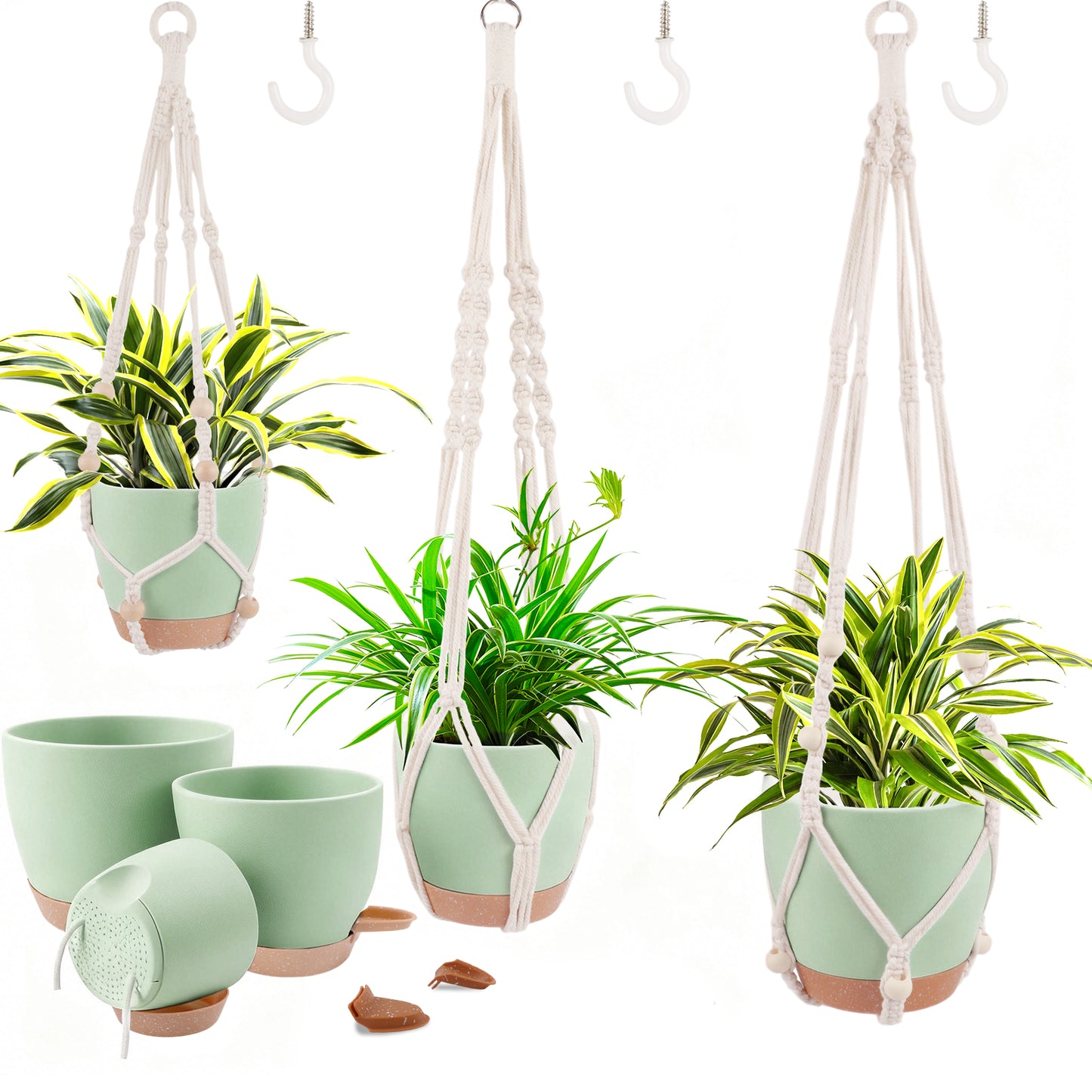West Bay 3 Set Hanging Planter with Macrame Plant Hangers Indoor Outdoor, Hanging Baskets for Plant, Flower Self Watering Pots Holders (Green)