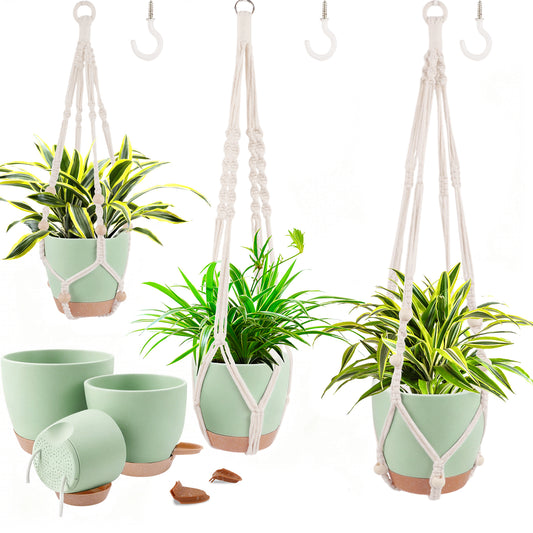 West Bay 3 Set Hanging Planter with Macrame Plant Hangers Indoor Outdoor, Hanging Baskets for Plant, Flower Self Watering Pots Holders (Green)