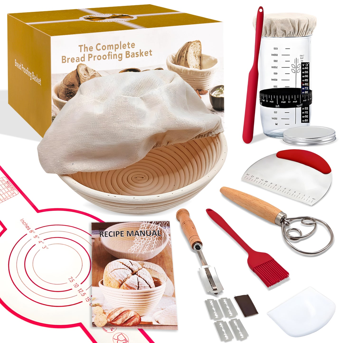 KORALAKIRI 16pcs Sourdough Starter Kit, 9'' Banneton Bread Proofing Basket Set with Glass Sourdough Starter Jar, Sourdough Bread Baking Supplies Tools for Bakers Women Wife
