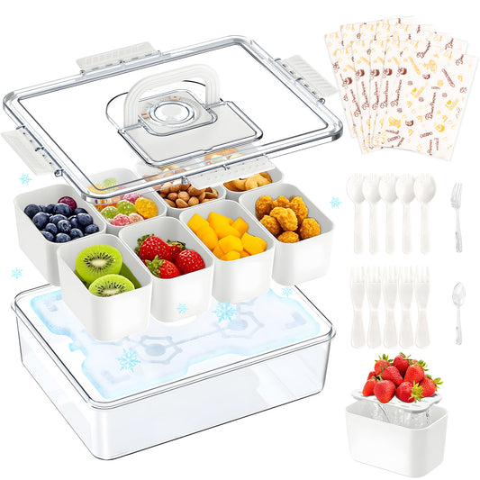 KORALAKIRI Snackle Box Container with Reusable Ice Pack, Snack Containers with 8 Divided Compartment Serving Tray & Drain Trays for Picnics, parties, Beach & Trip
