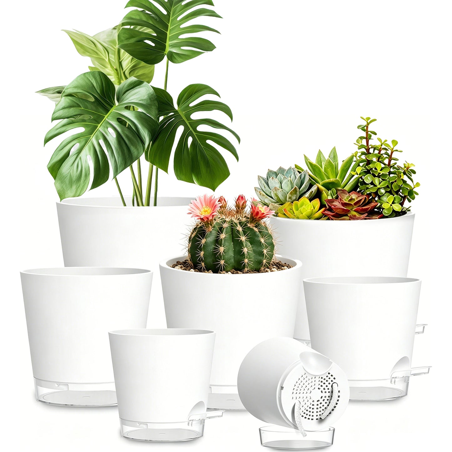 West Bay 7-Pack Self Watering Pots for Indoor Plant, Flower Pot with Drainage Holes and Clear Saucers, 4/5/5.5/6/6.5/7/8 Inch, White