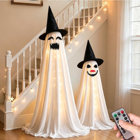 West Bay Halloween Decorations Indoor -2 Packs Light Up Ghost-Spooky Ghost Decor with 6 Facial Stickers for Porch Home Outdoor Garden Yard Lawn Party Decor