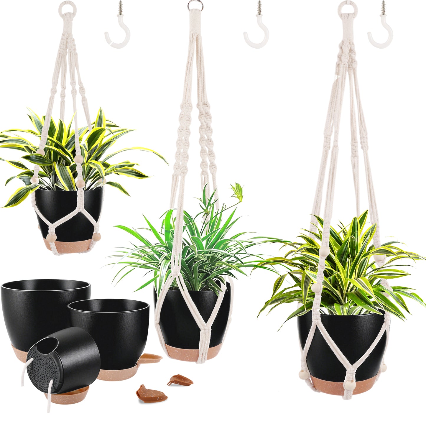 West Bay 3 Set Hanging Planter with Macrame Plant Hangers Indoor Outdoor, Hanging Baskets for Plant, Flower Self Watering Pots Holders (Black)