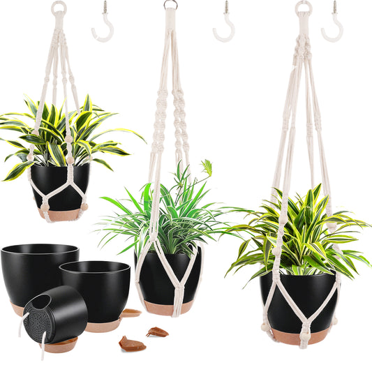 West Bay 3 Set Hanging Planter with Macrame Plant Hangers Indoor Outdoor, Hanging Baskets for Plant, Flower Self Watering Pots Holders (Black)