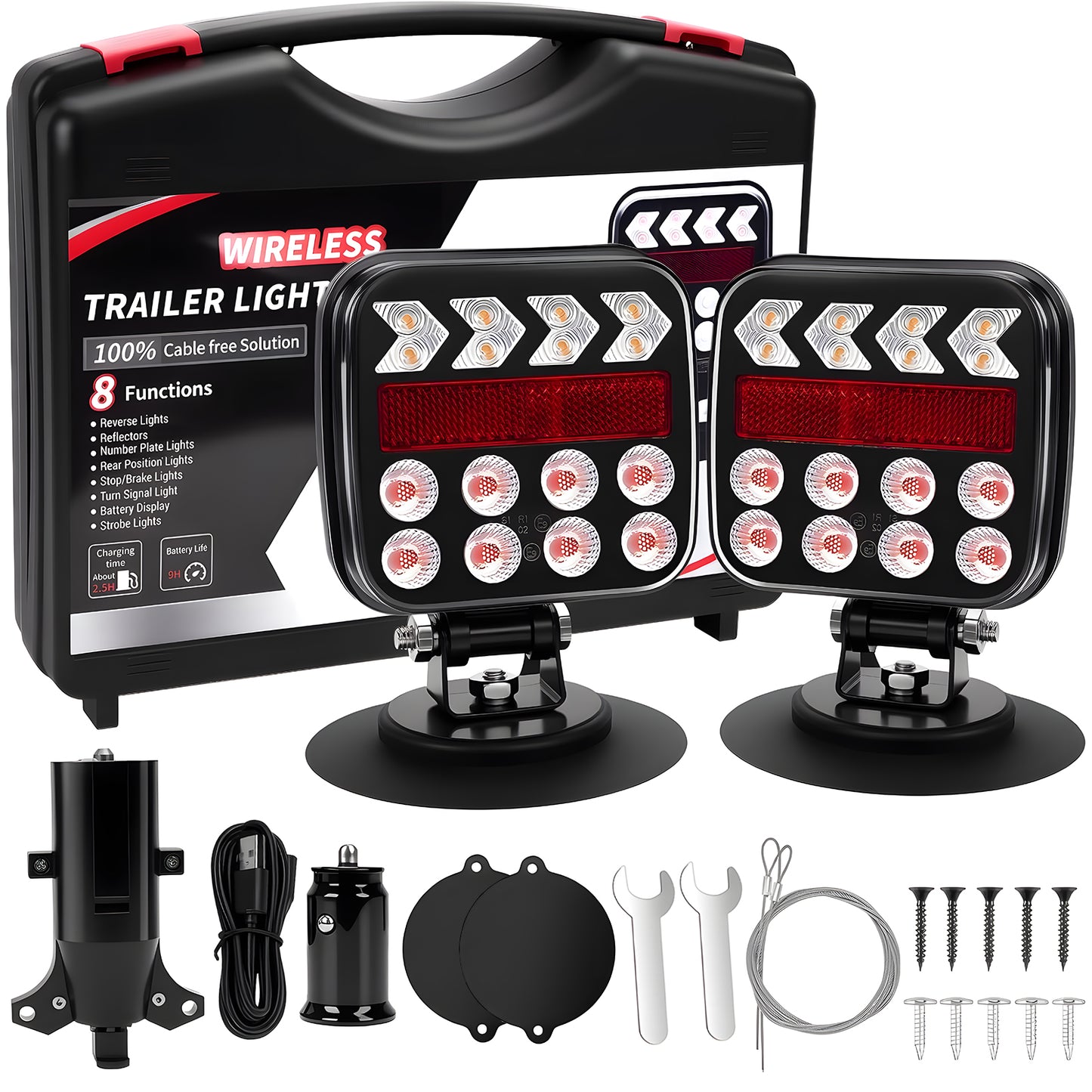 West Bay Wireless Trailer Lights, 2 Pack Adjustable Magnetic LED Trailer Lights with Reflectors, Rechargeable Tow Tail Light Kit for Trucks, Boats, RVs, Campers, IP67 Waterproof