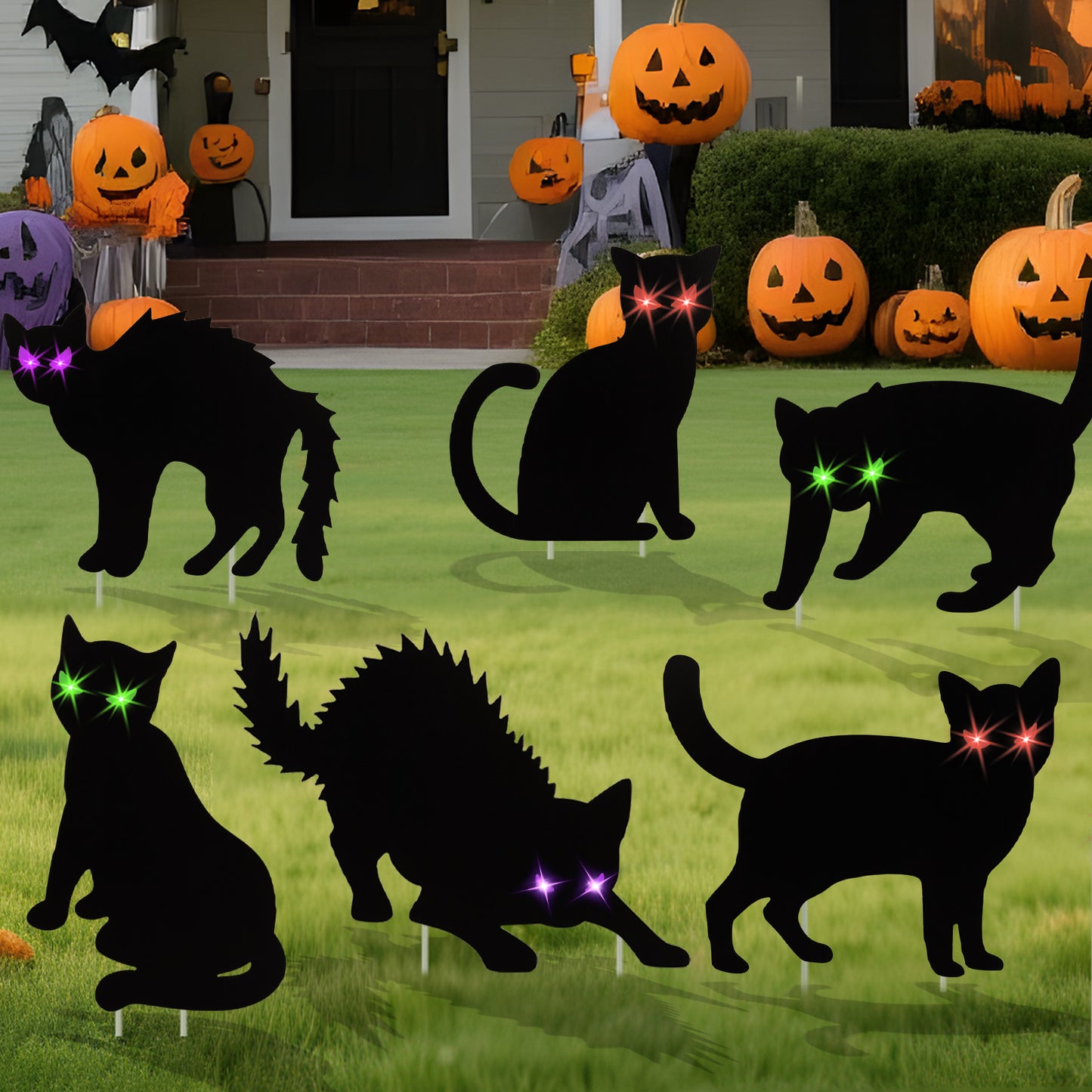 KORALAKIRI 6 pack Halloween Decorations Outdoor, Black Cat with LED Lights for Garden Lawn,Halloween Yard Signs Stakes Scare Cat for Outdoor