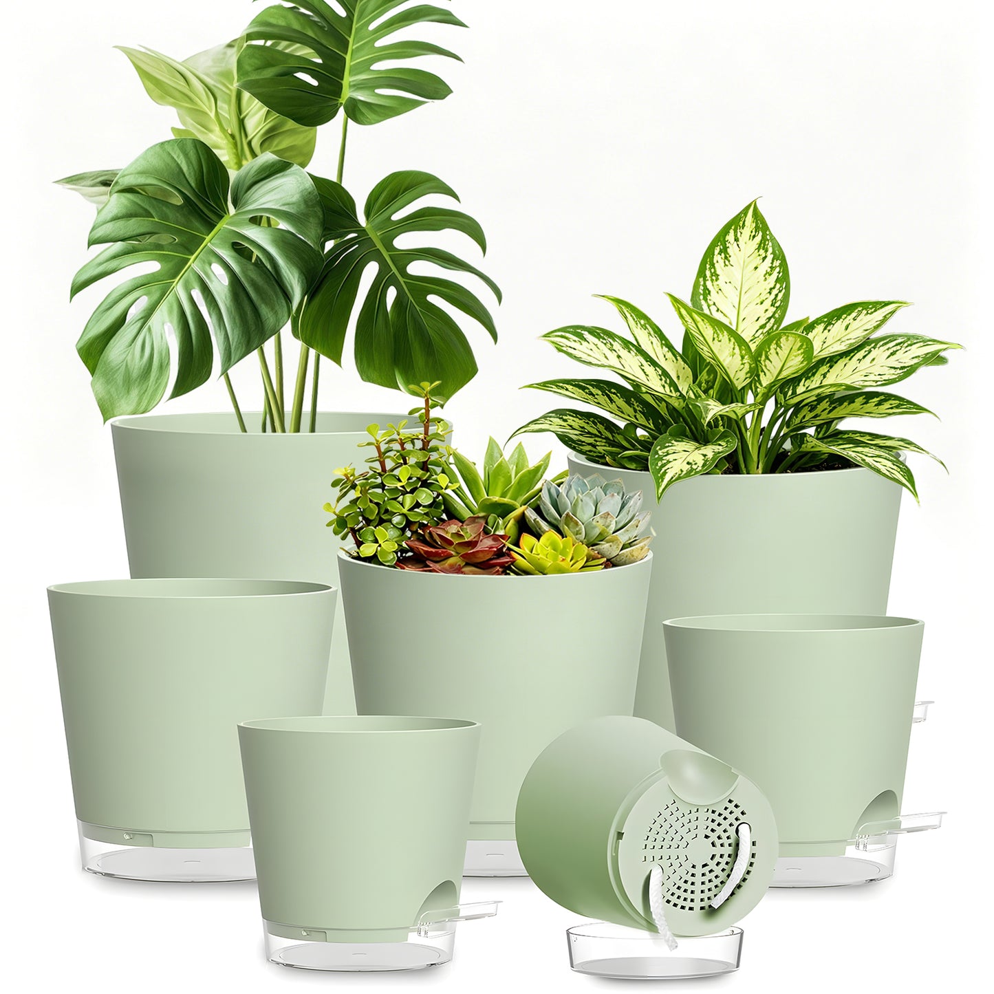 West Bay 7-Pack Self Watering Pots for Indoor Plant, Flower Pot with Drainage Holes and Clear Saucers, 4/5/5.5/6/6.5/7/8 Inch, Green