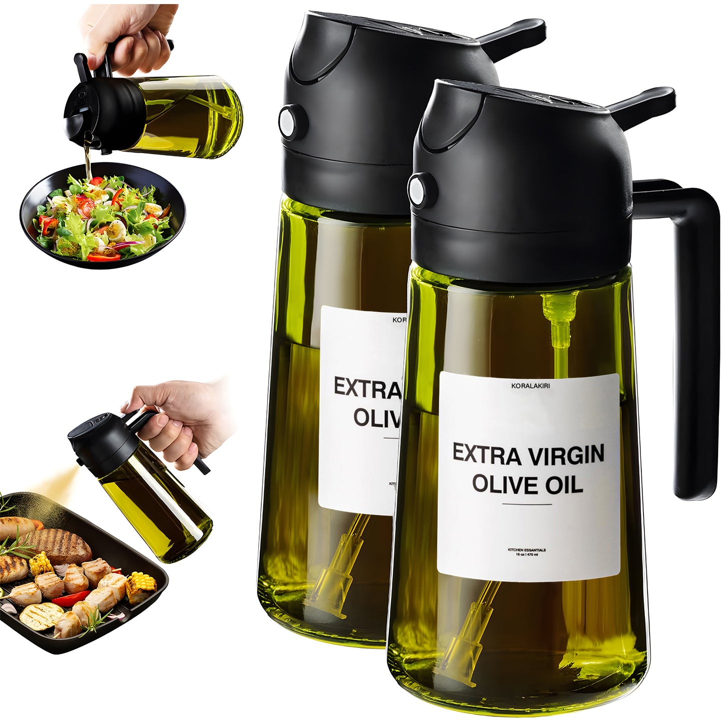 KORALAKIRI 2 in 1 Oil Sprayer for Cooking, 16oz/470ml Glass Food-grade Olive Oil Spray Bottle Dispenser Mister Spritzer with Pourer for Kitchen, Salad, Frying, BBQ (Black & Black)