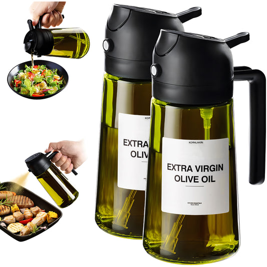 KORALAKIRI 2 in 1 Oil Sprayer for Cooking, 16oz/470ml Glass Food-grade Olive Oil Spray Bottle Dispenser Mister Spritzer with Pourer for Kitchen, Salad, Frying, BBQ (Black & Black)