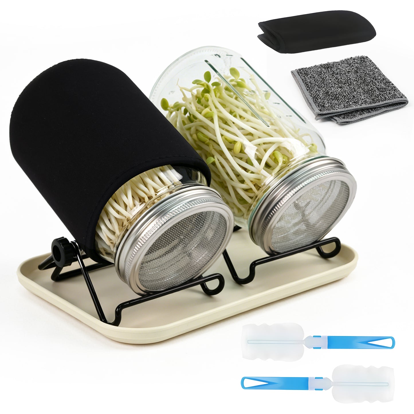 KORALAKIRI 2 x 32oz Sprouting Jar Growing Kits, Seed Sprouter Set, Wide Mouth Jars with Screen Sprout Lids & Stands, Blackout Sleeves, Drain Tray for Growing Broccoli, Bean, Alfalfa