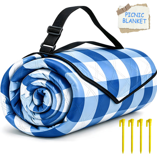 Large Picnic Blanket,80''x80'' Waterproof Foldable Blankets Picnic Mat for Outdoor Camping Grass Lawn Park Accessories Cute Couple Gifts Ideas Wedding Registry(Blue White)