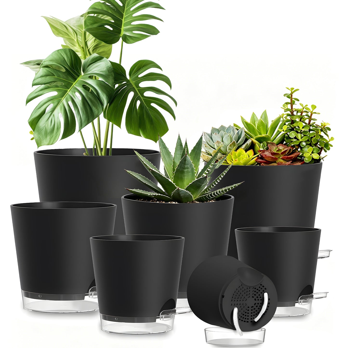 West Bay 7-Pack Self Watering Pots for Indoor Plant, Flower Pot with Drainage Holes and Clear Saucers, 4/5/5.5/6/6.5/7/8 Inch, Black