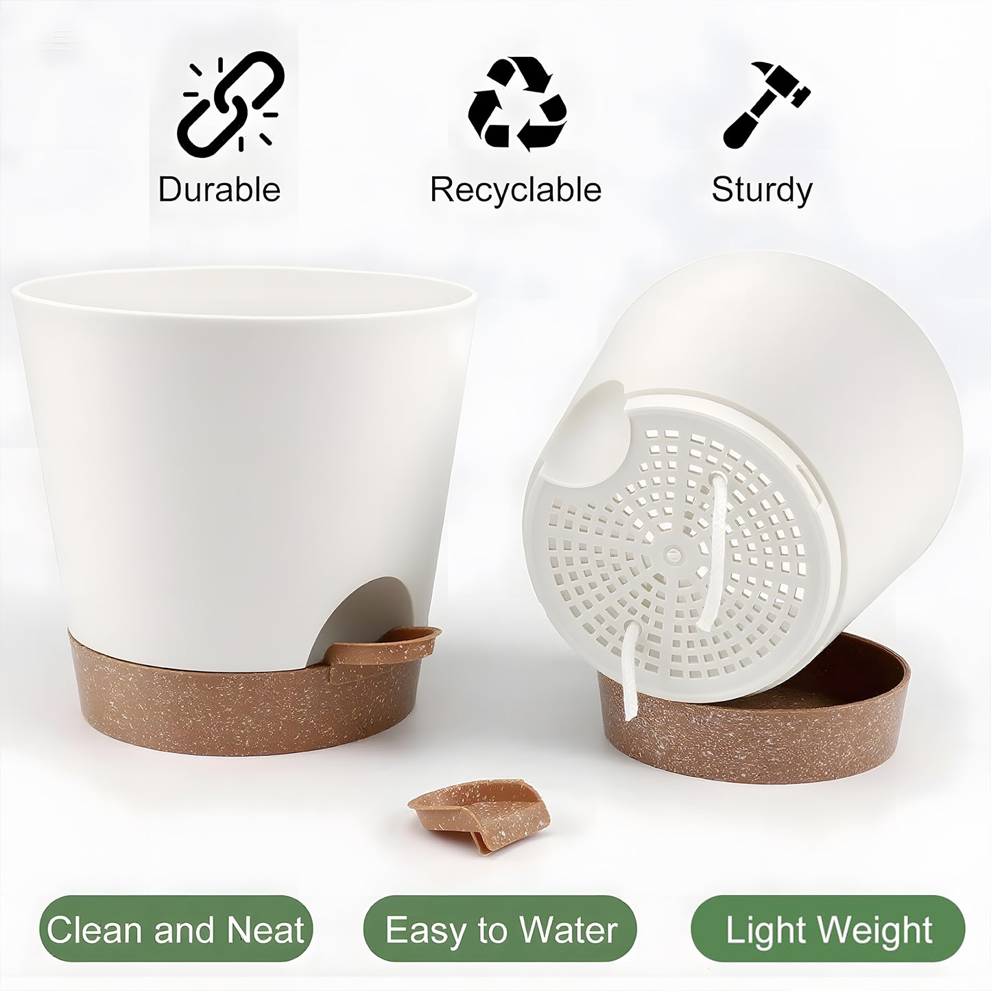 West Bay 6-Pack Self Watering Planters, Indoor Outdoor large flower pot plant pots with Drainage Holes and Saucers, 8, 7, 6.5, 6, 5.5, 5 Inches, White