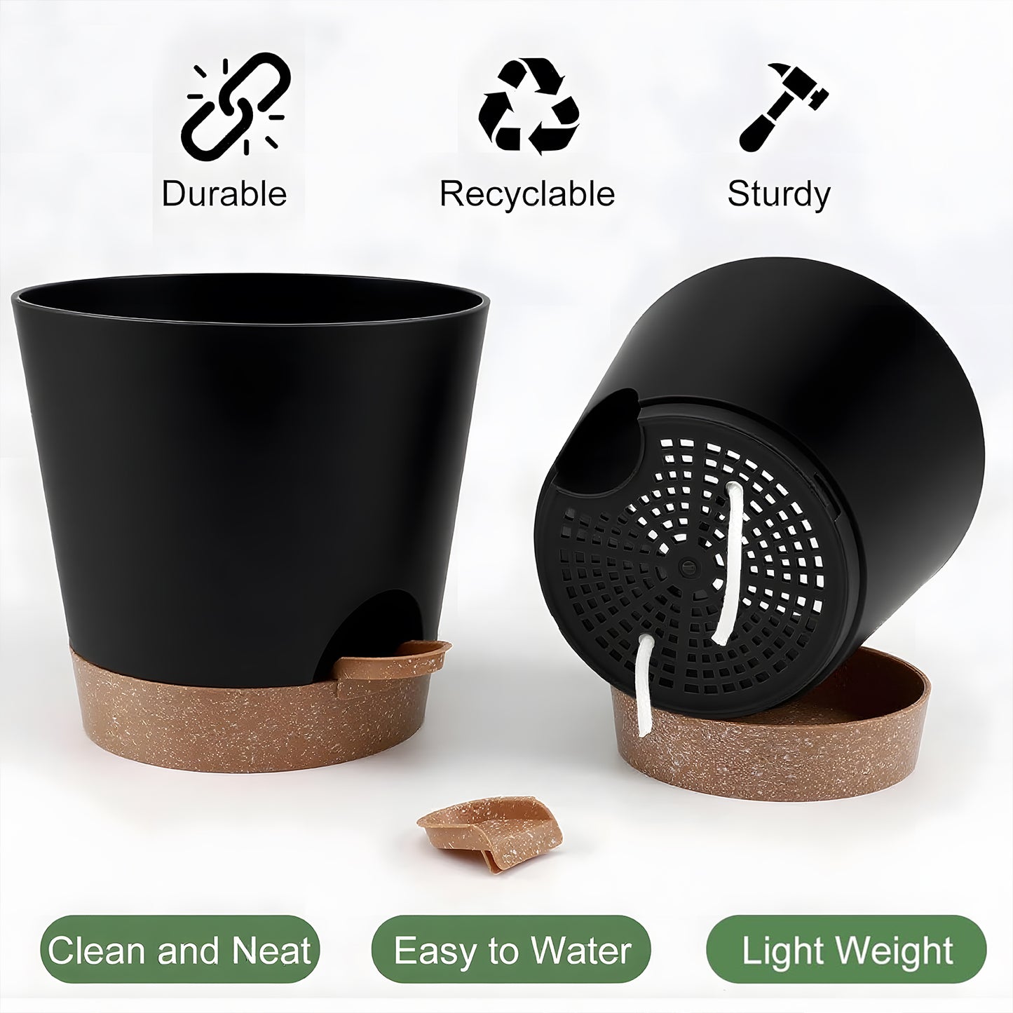 West Bay 6-Pack Self Watering Planters, Indoor Outdoor large flower pot plant pots with Drainage Holes and Saucers, 8, 7, 6.5, 6, 5.5, 5 Inches, Black