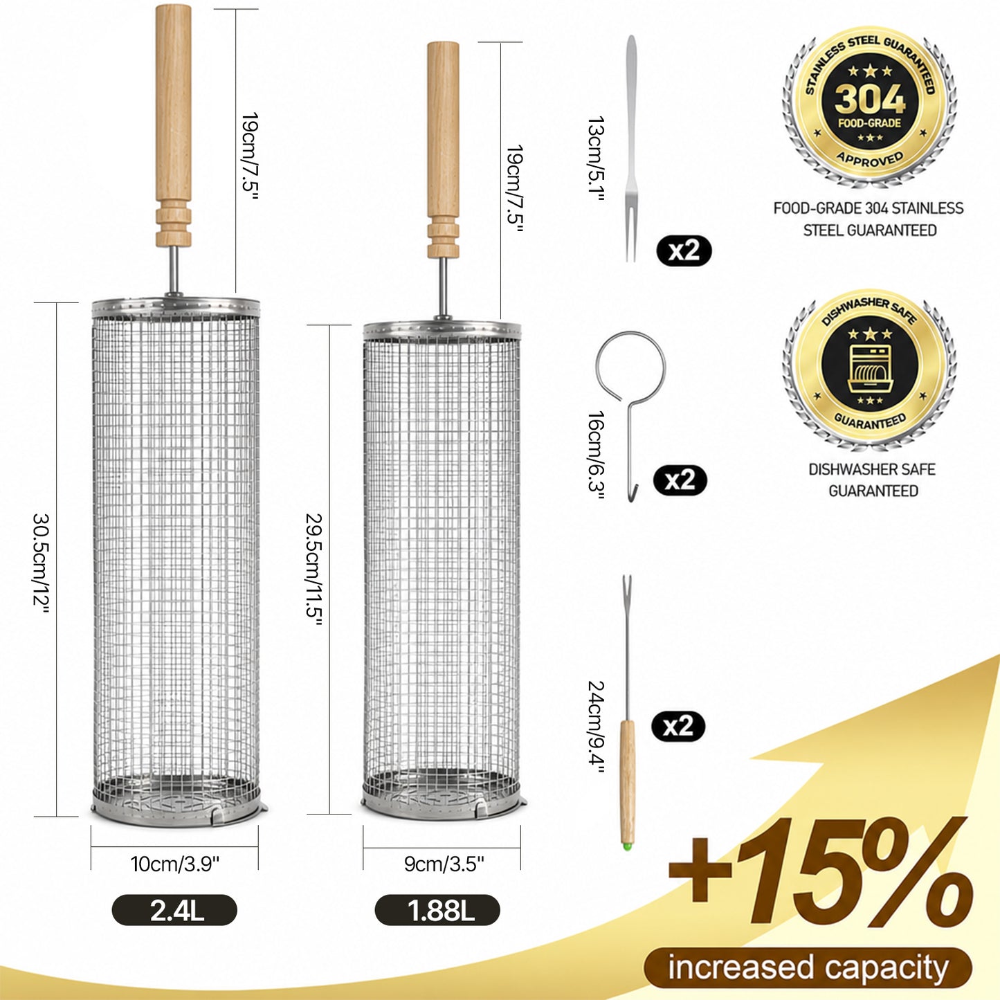 KORALAKIRI 2Pcs Rolling Grill Baskets with Removable Wooden Handle, Grilling Accessories, BBQ Net Tube Baskets for Veggies, Shrimp, Meat, Father' Day Gifts for Men Dad Husband