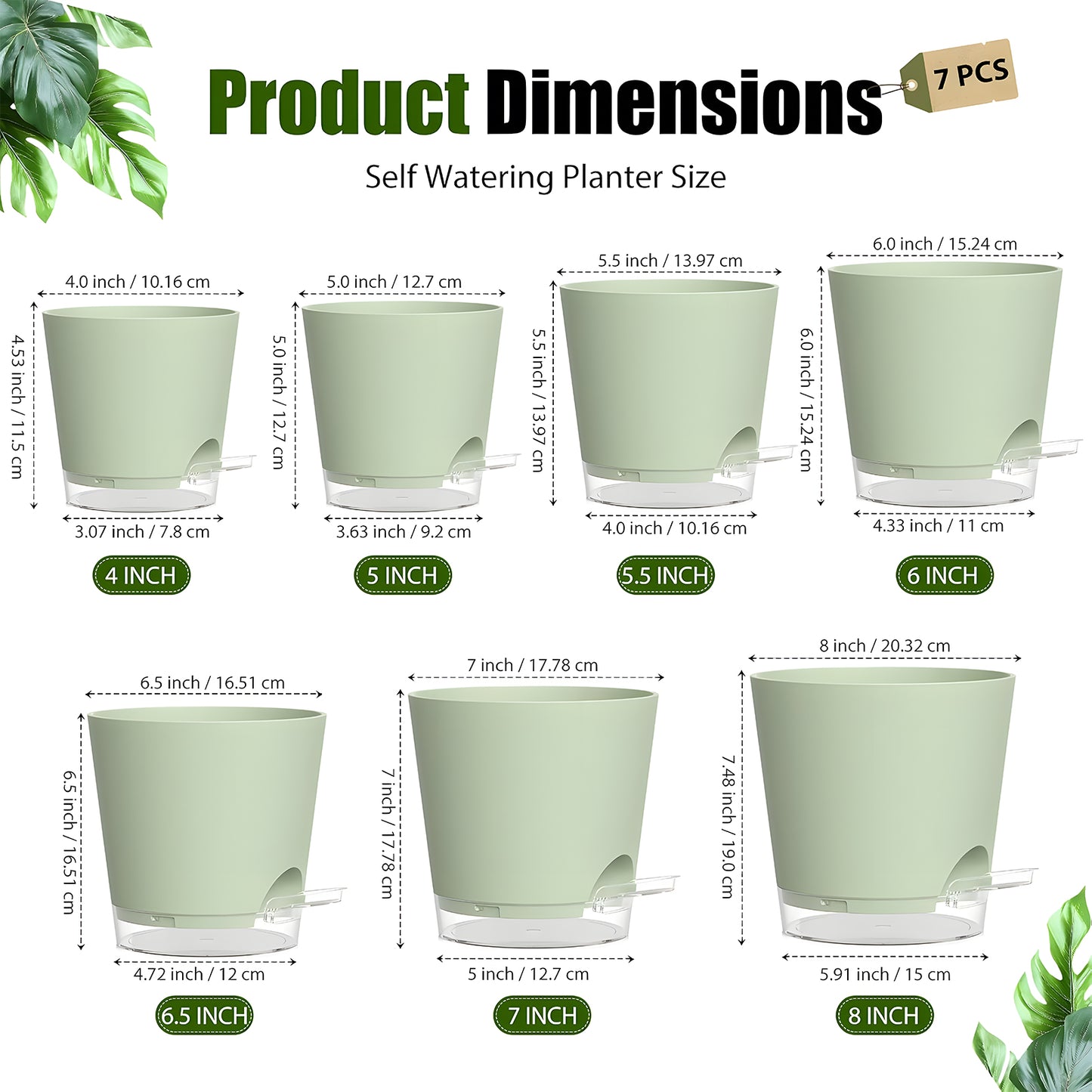 West Bay 7-Pack Self Watering Pots for Indoor Plant, Flower Pot with Drainage Holes and Clear Saucers, 4/5/5.5/6/6.5/7/8 Inch, Green