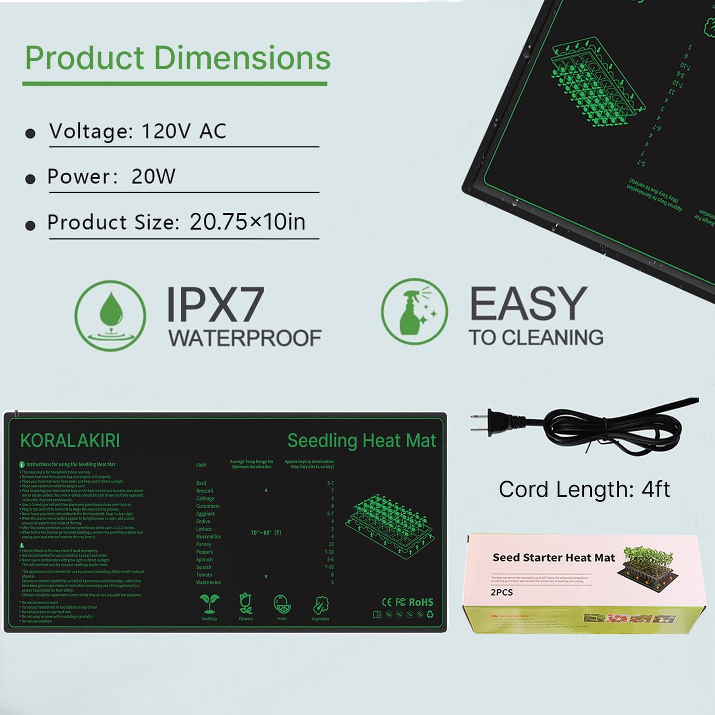 KORALAKIRI Seedling Heat Mat, Durable Warm Hydroponic Heating Pad Waterproof 10" x 20.75" - 2 Pack for Seed Starting Greenhouse and Germination