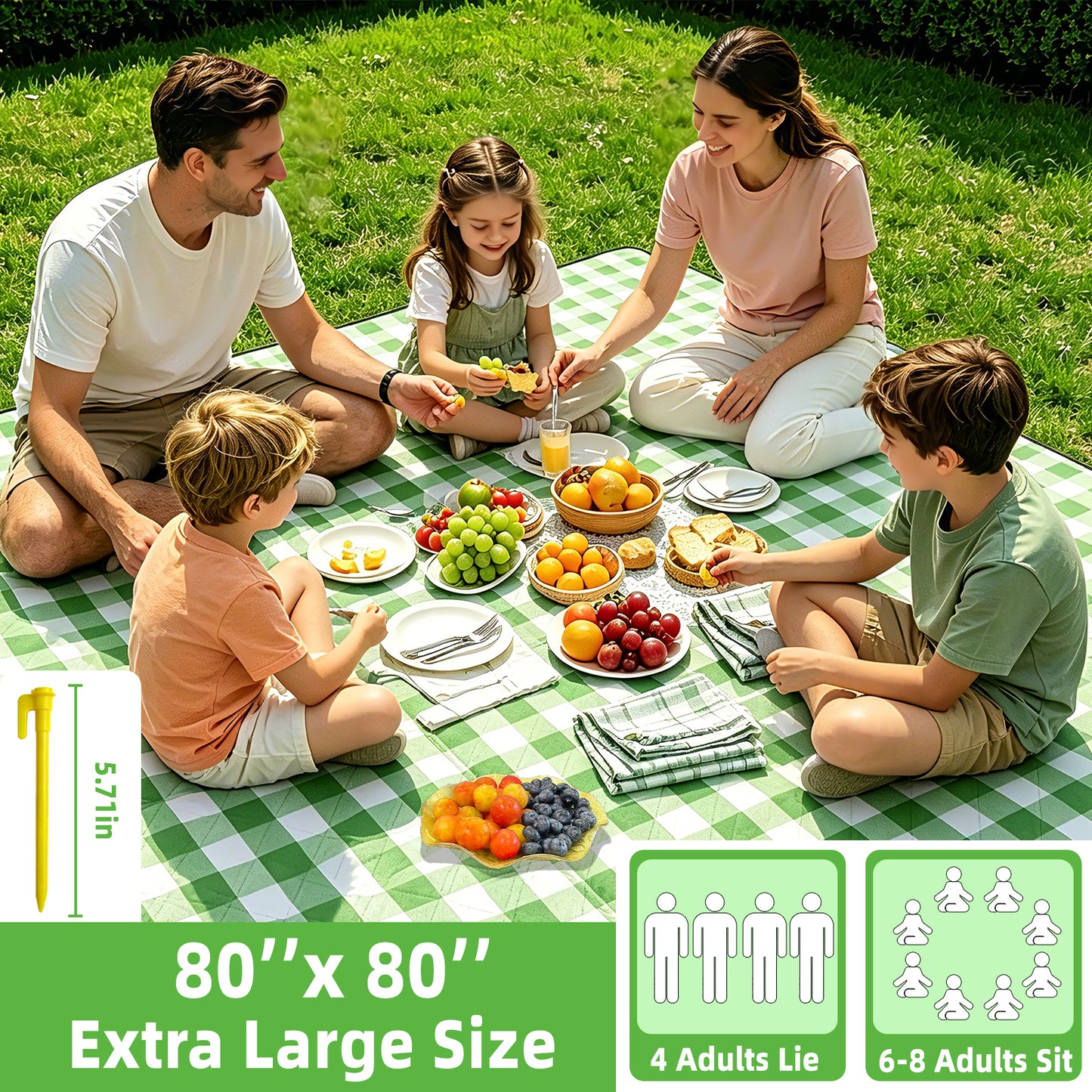 Large Picnic Blanket,80''x80'' Waterproof Foldable Blankets Picnic Mat for Outdoor Camping Grass Lawn Park Accessories Cute Couple Gifts Ideas Wedding Registry(Green White)
