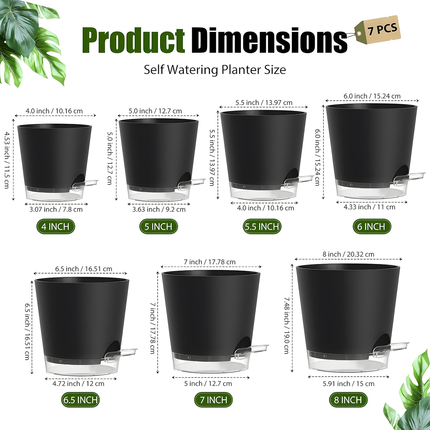 West Bay 7-Pack Self Watering Pots for Indoor Plant, Flower Pot with Drainage Holes and Clear Saucers, 4/5/5.5/6/6.5/7/8 Inch, Black