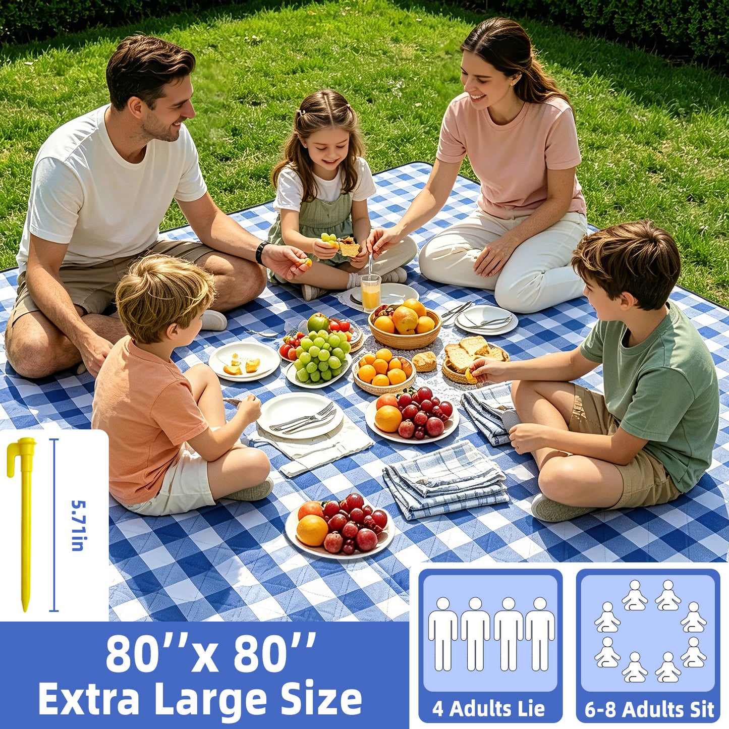 Large Picnic Blanket,80''x80'' Waterproof Foldable Blankets Picnic Mat for Outdoor Camping Grass Lawn Park Accessories Cute Couple Gifts Ideas Wedding Registry(Blue White)
