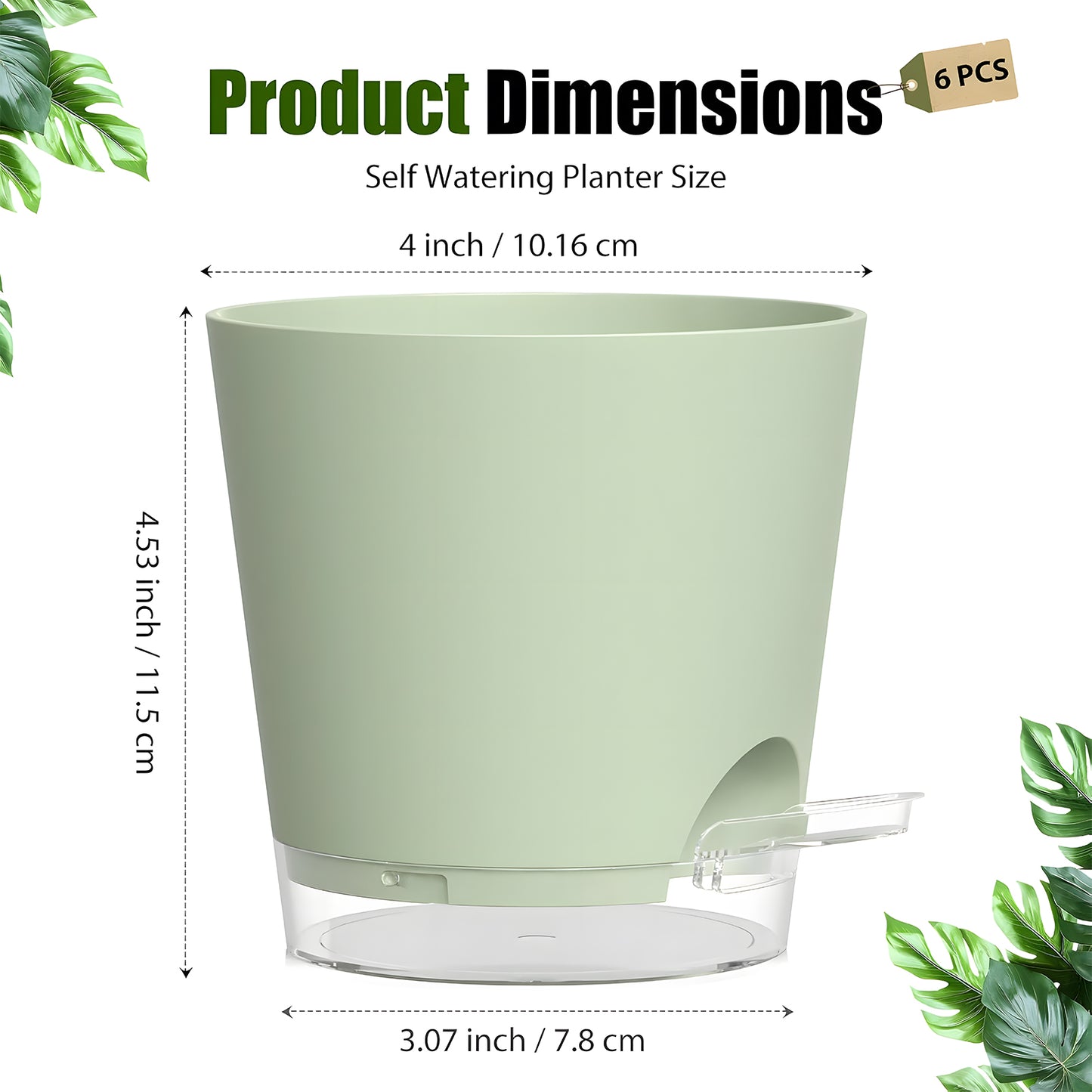 West Bay 4 Inch Self Watering Pots for Indoor Plants, 6 Pack Small Flower Plant Pots with Drainage Holes and Clear Reservoirs, Visible Water Level, Plastic Planters with Wicking Rope, Green