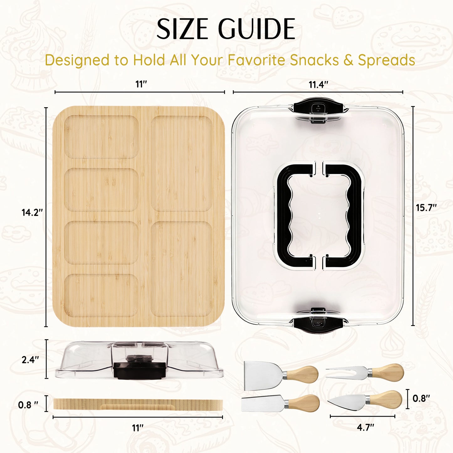 KORALAKIRI Charcuterie Board with Lid,11x14 Inch Large Bamboo Cheese Board Set with Handles,Reversible Serving Board for Cheese, Meats, Snacks and More