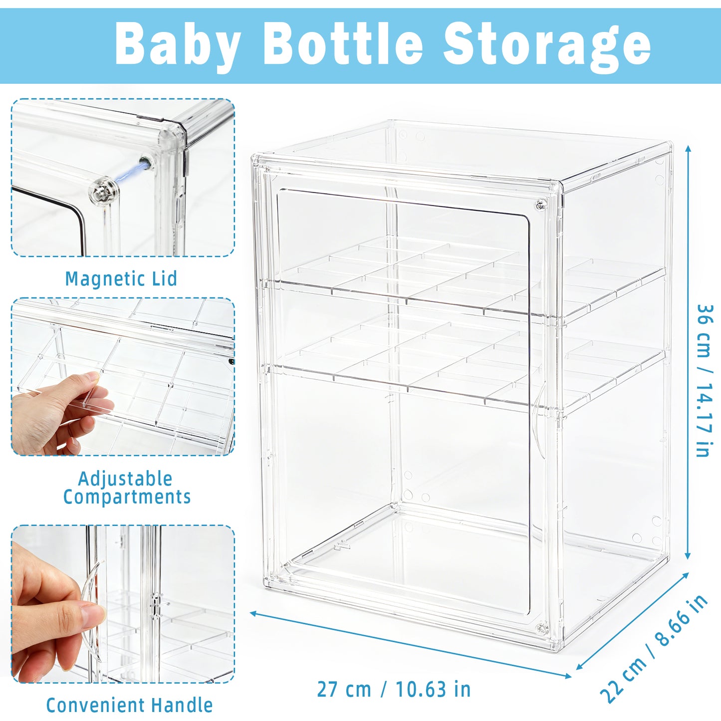 KORALAKIRI Baby Bottle Storage Organizer, Adjustable Clear Acrylic Makeup Storage Station, Case Box Container with 2 Removable Dividers and Magnetic Door for Countertop, Cabinet,Vanity, Bathroom