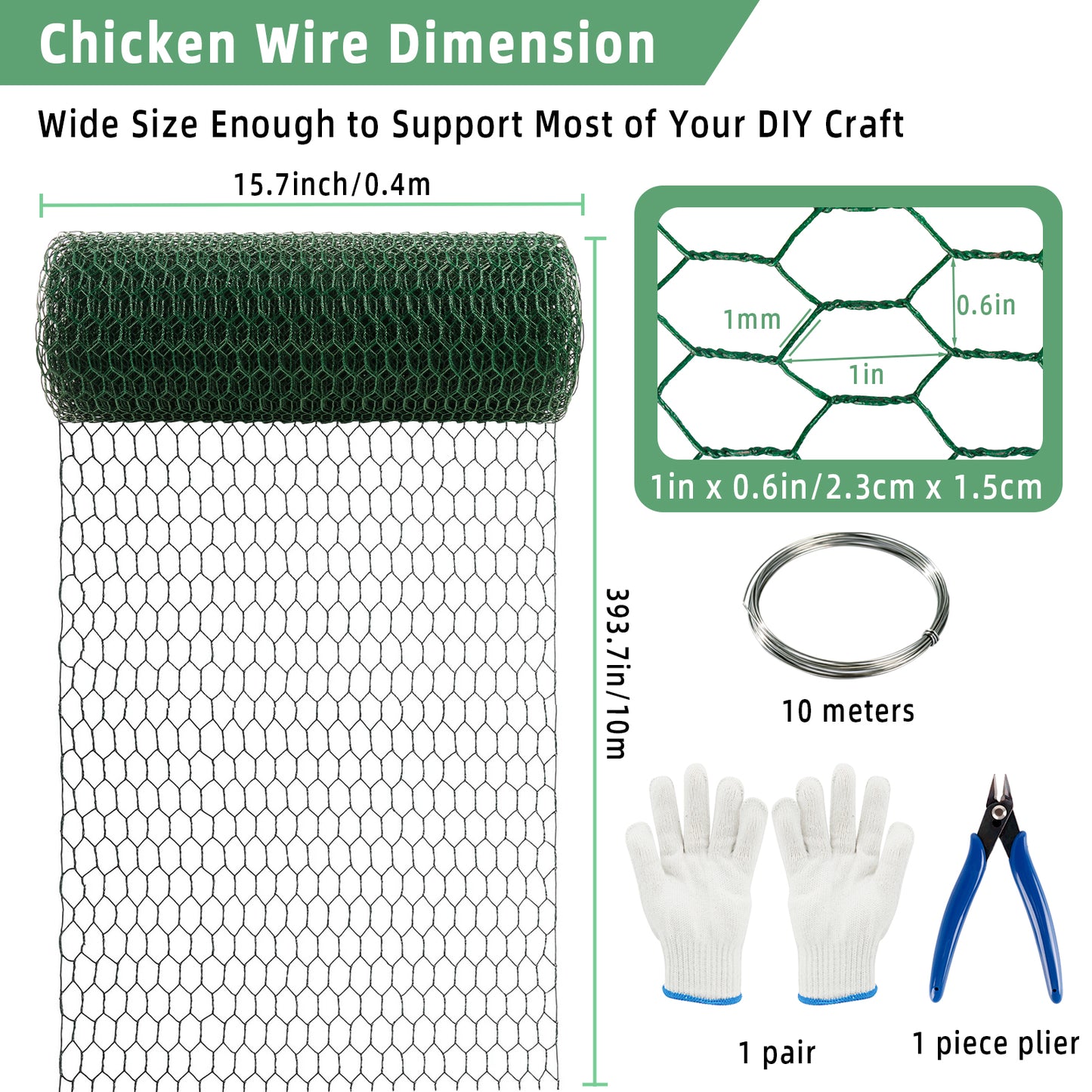 KORALAKIRI Floral Chicken Wire for Crafts, 15.7 x 393.7 Inch Green Mesh, PVC Coated Metal Netting Fence for Crafts, Poultry, Garden