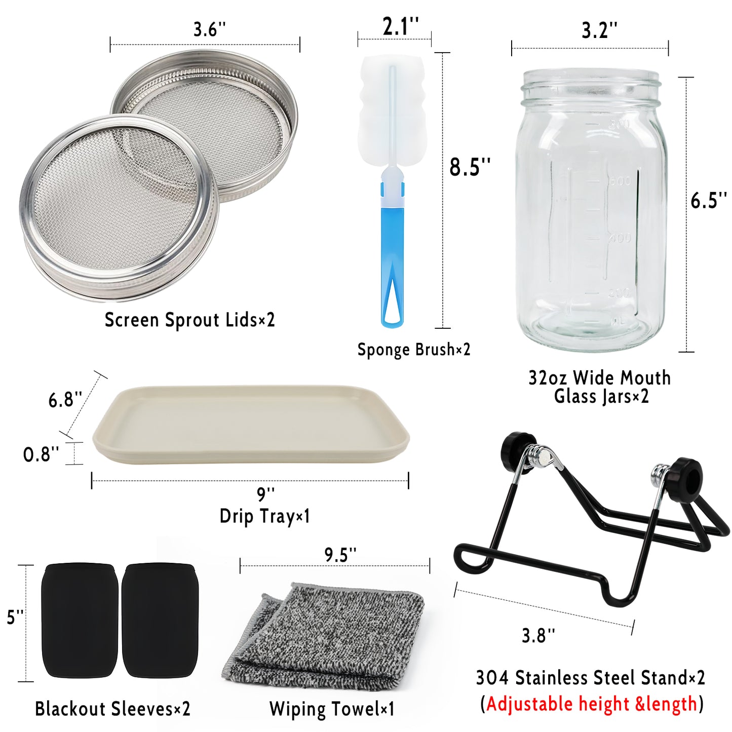 KORALAKIRI 2 x 32oz Sprouting Jar Growing Kits, Seed Sprouter Set, Wide Mouth Jars with Screen Sprout Lids & Stands, Blackout Sleeves, Drain Tray for Growing Broccoli, Bean, Alfalfa