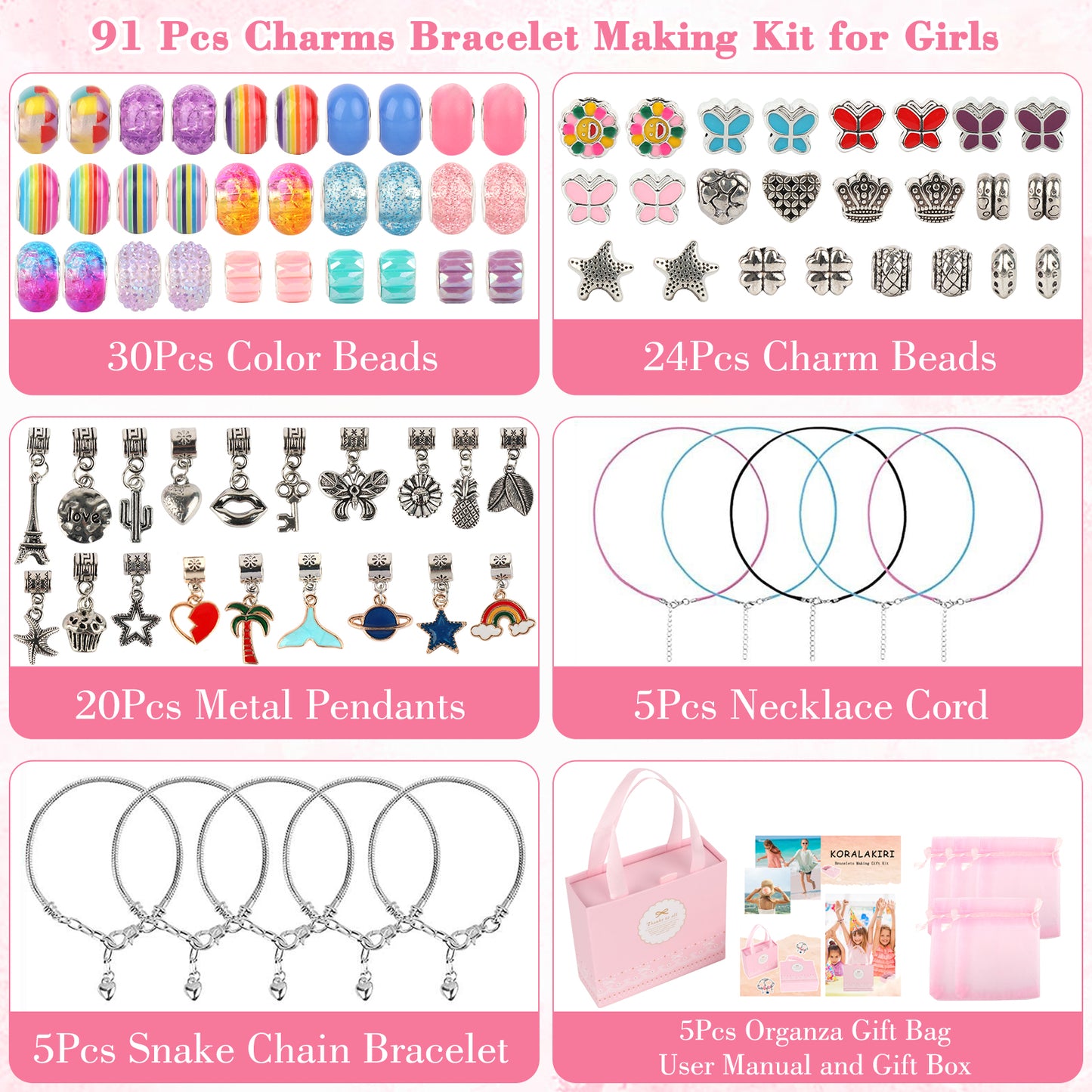 CandWuom  91 Pcs Charms Bracelets Making Kit Including Snake Chains, DIY Gift for Kids, Jewelry Making Supplies for Arts and Crafts for Teen Girls Ages 6-12