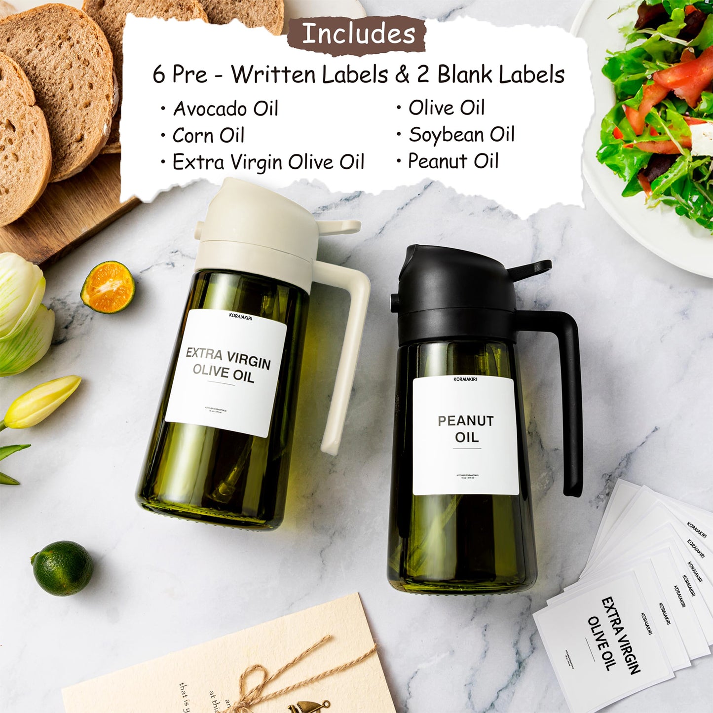 KORALAKIRI Oil Dispenser, 2 in 1 Oil Sprayer for Cooking, 16oz/470ml Glass Food-grade Olive Oil Spray Bottle Mister with Pourer for Kitchen, Salad, Frying, BBQ (Black & White)