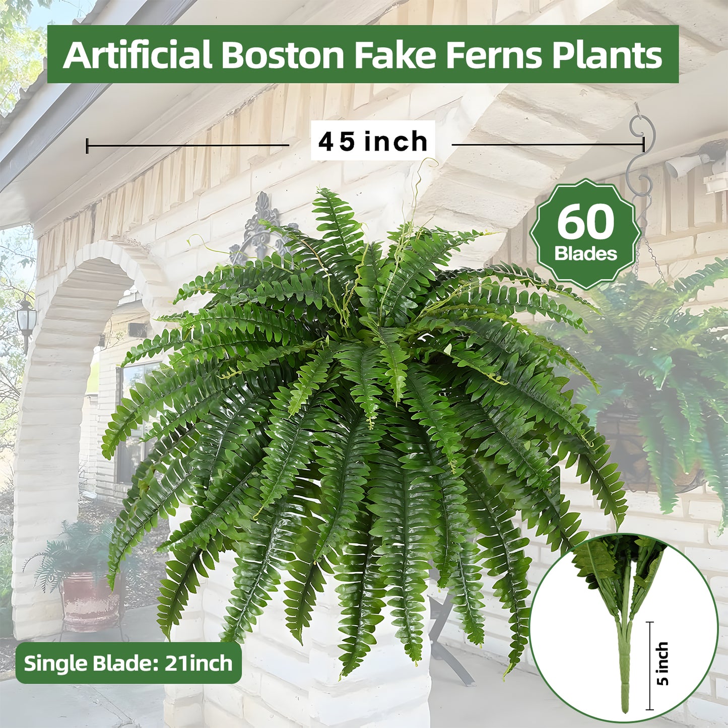 Artificial Boston Fern Bush- Set of 2 Large Artificial Ferns for Outdoors, 45Inch Large Faux Ferns, Suitable for Office & Living Room Decor, 60Branches for Each Bouquet