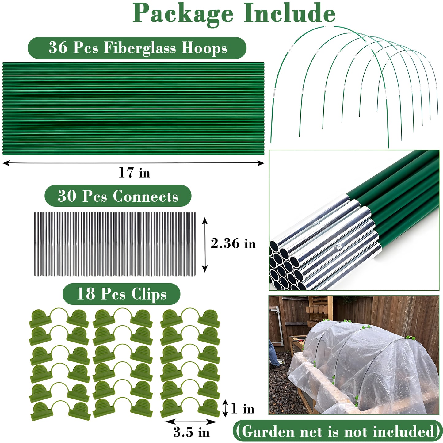 KORALAKIRI 36pcs Garden Greenhouse Hoops for Raised Beds, Grow Tunnel with Rust-Free Coated Fiberglass, Detachable DIY Plant Hoops Support Frame Stakes for Bird Netting, Row Covers