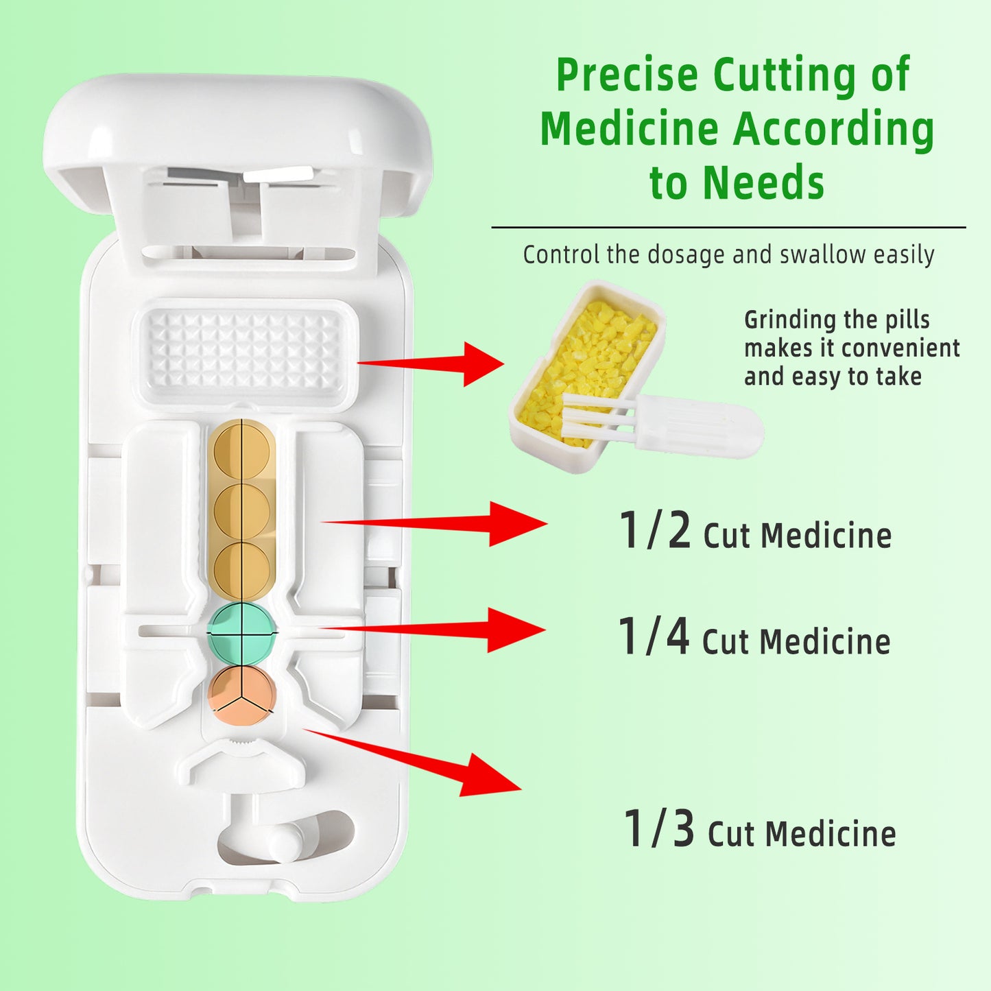 West Bay Pill Cutter Splitter for Small and Tiny Pills, Precisely Cuts into 1/2, 1/3, 1/4 | Portable & Easy-Grip Design | Back Storage