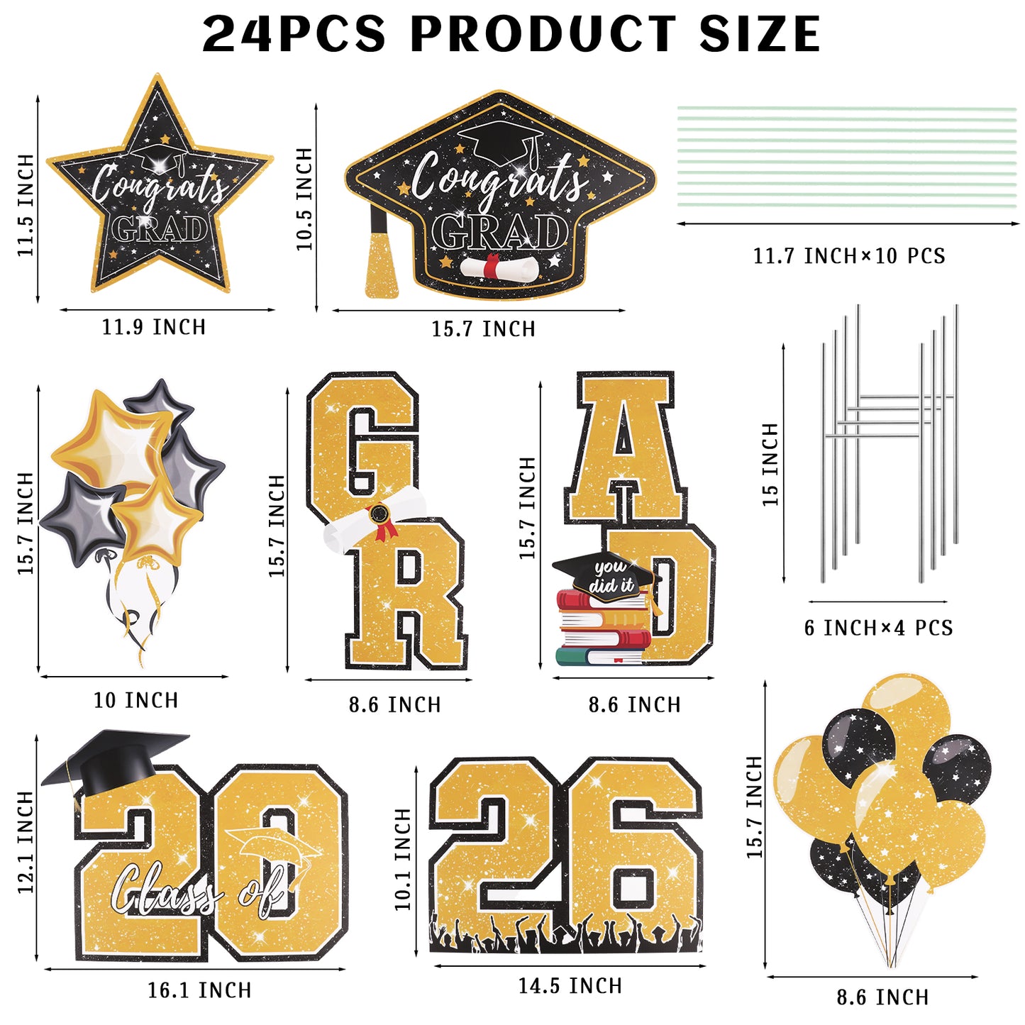 KORALAKIRI Graduation Yard Sign Decorations, 22 Pcs Black & Gold Congrats Grad of Class 2026 with Metal Stakes for Graduation Party Decoration Supplies